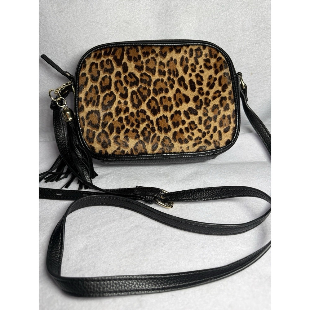 Kate & Alex Cuttaro Leopard Print Calf Hair Crossbody Camera Bag Tassel Black